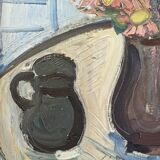 Mid-Century Modern Swedish "Pink Flowers" Vintage Still Life Oil Painting, Framed