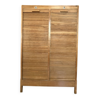 Double curtain filing cabinet in oak — on legs