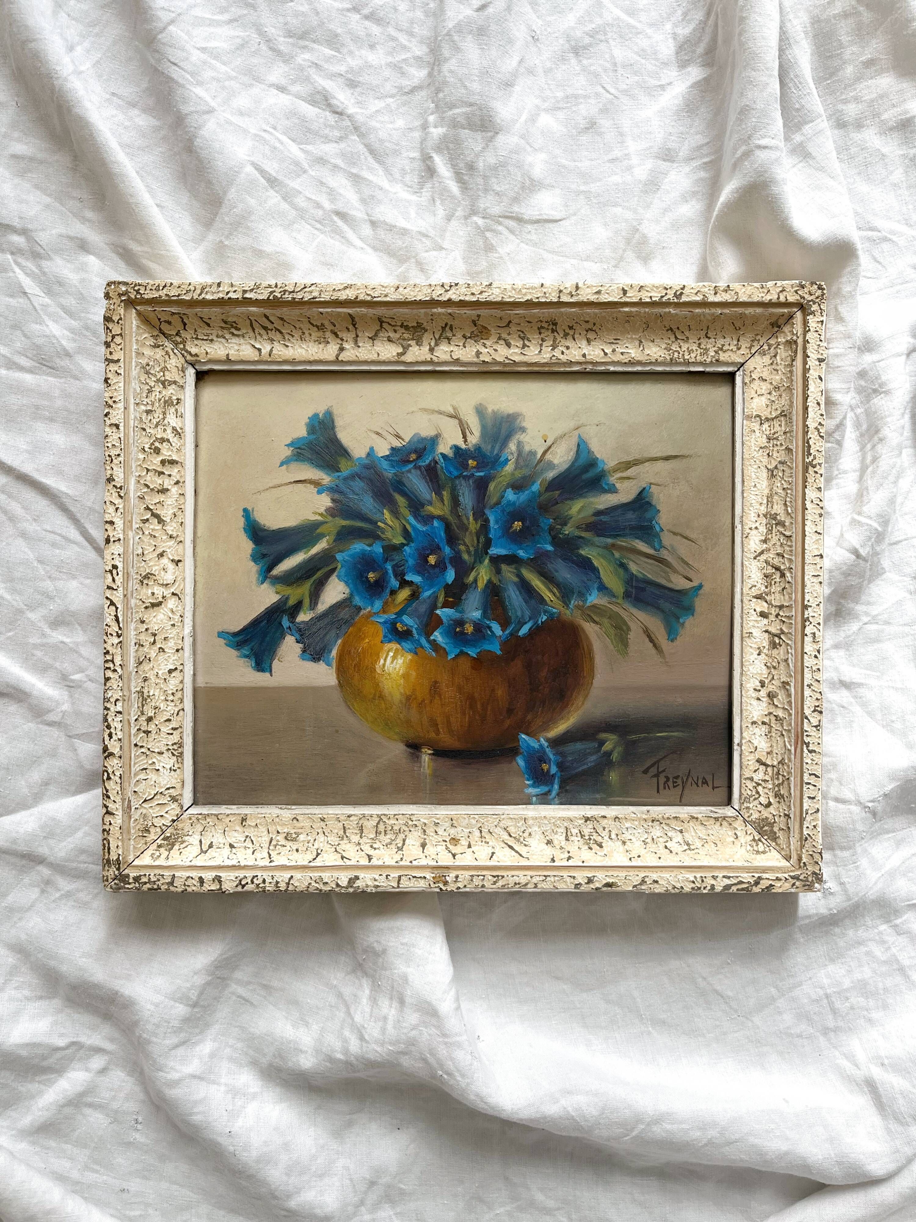 Old painting framed painting bouquet of blue flowers signed Freynal