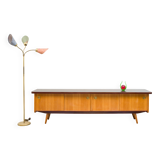 1950s low sideboard in ash, black formica surface. Professionally restored