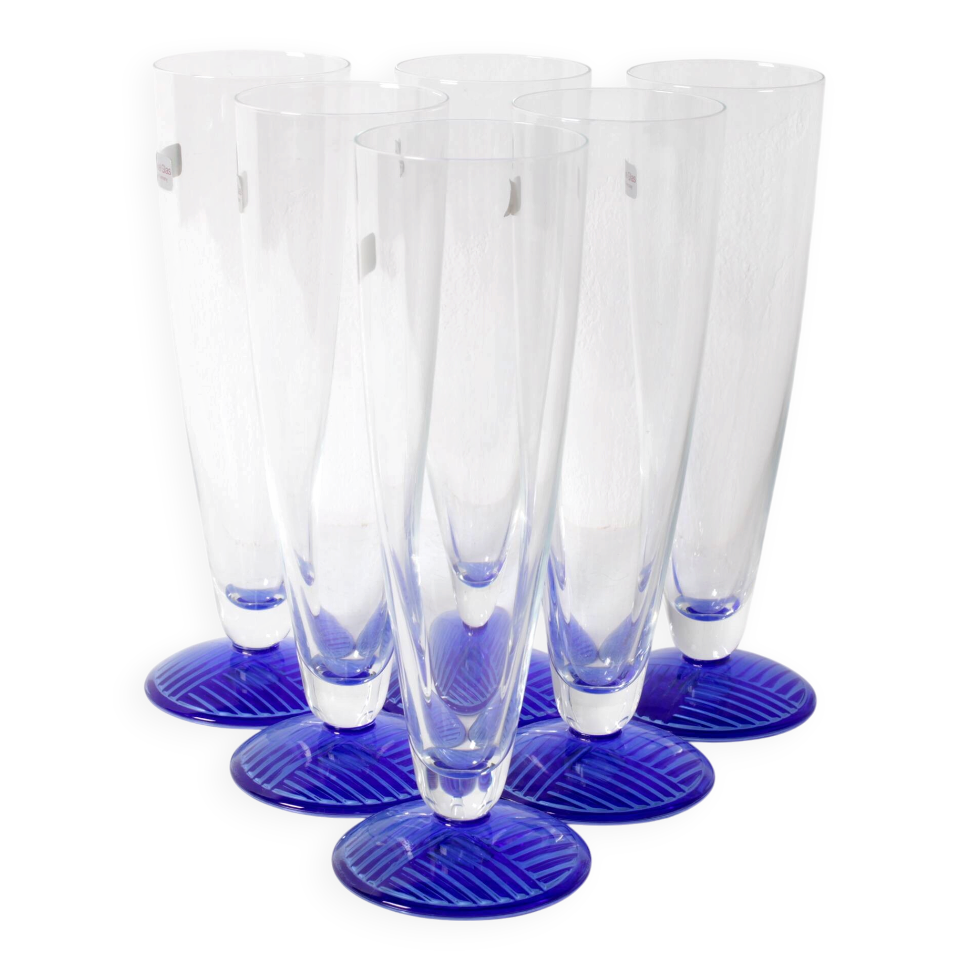 Set of 6 Vintage Blue-Footed Glasses /Rare Tall Tumblers / Zwiesel Glas / G