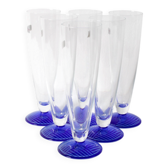 Set of 6 Vintage Blue-Footed Glasses /Rare Tall Tumblers / Zwiesel Glas / G