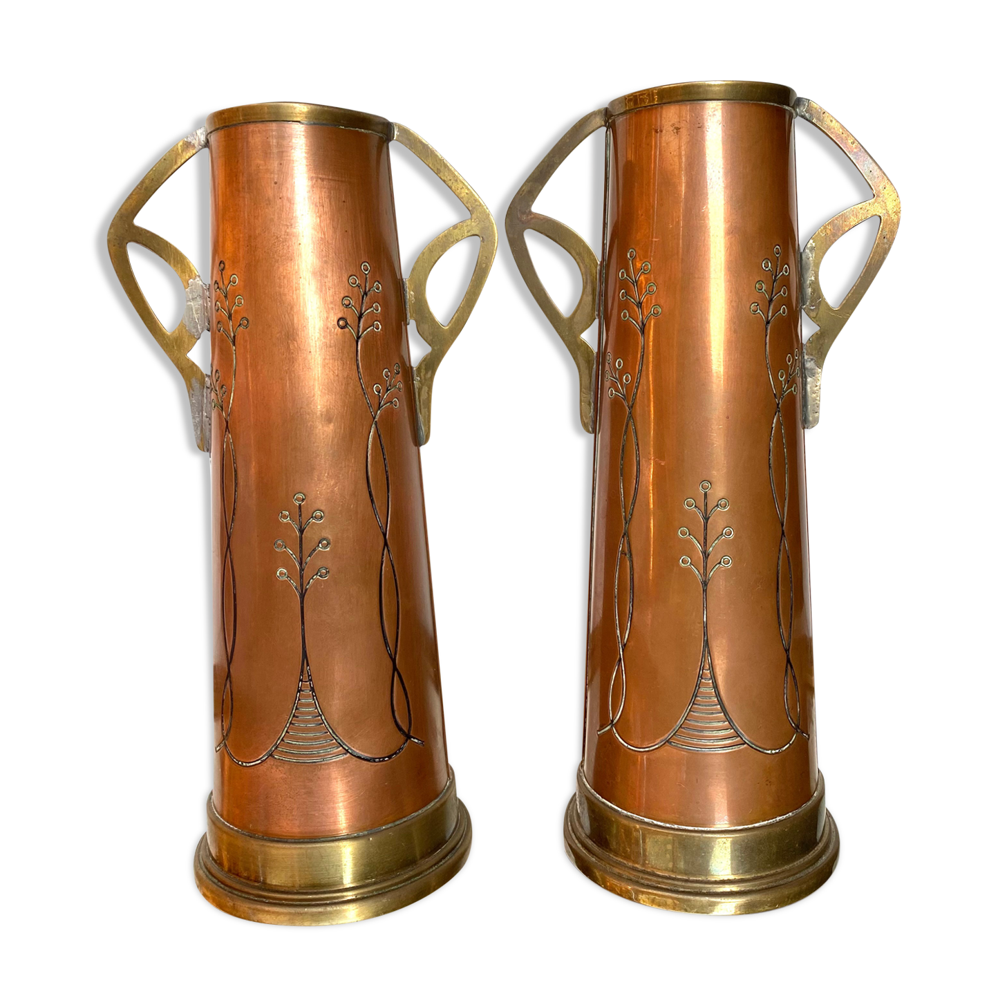 Pair of GBN art deco copper and brass vases