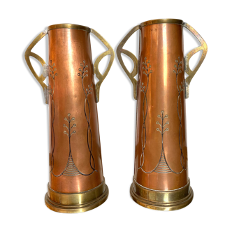 Pair of GBN art deco copper and brass vases