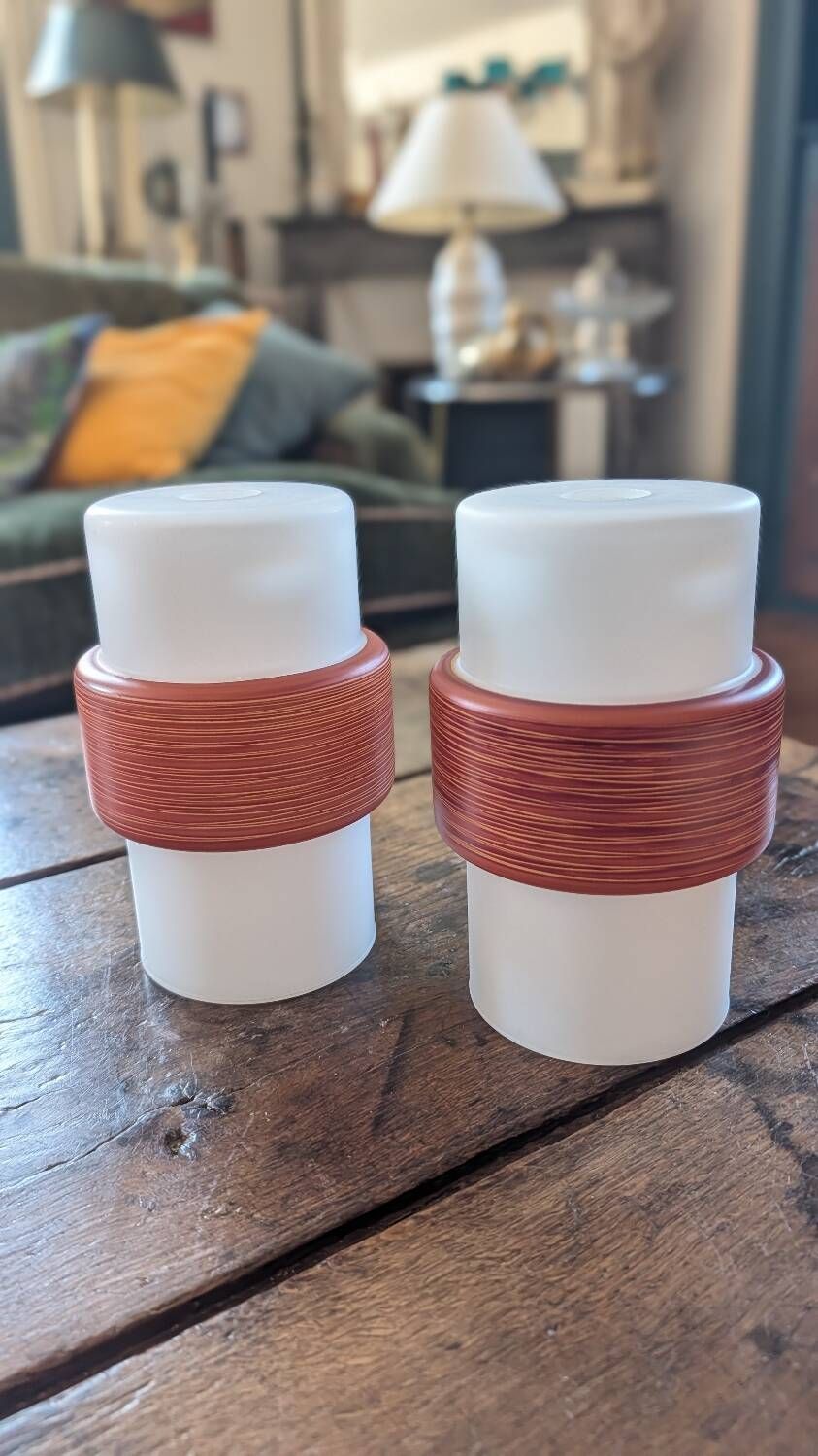 Pair of opaline lampshades, wood imitation decor from the 60s.