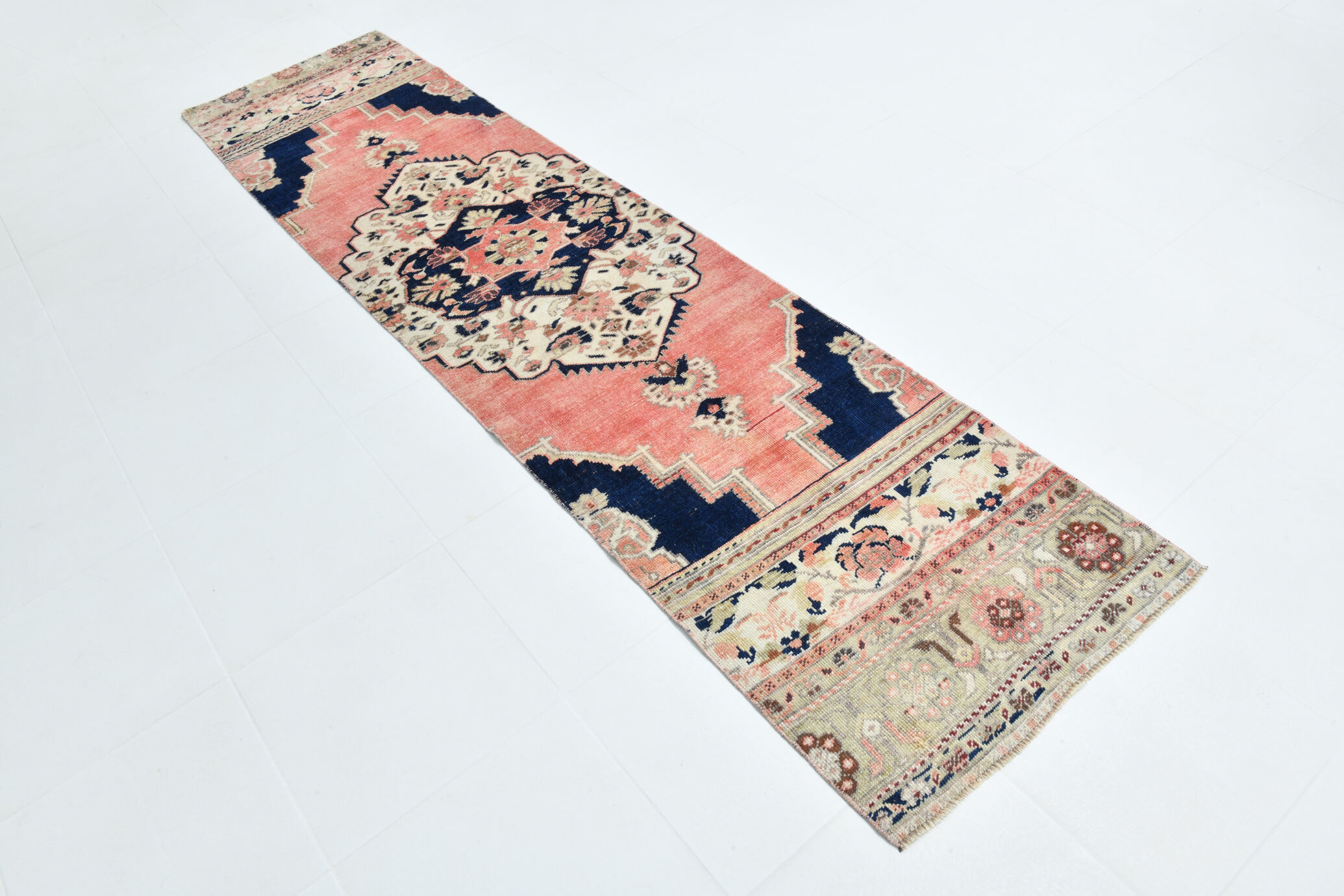 2x10 Faded Pink & Navy Blue Persian Runner Rug, 71x294Cm