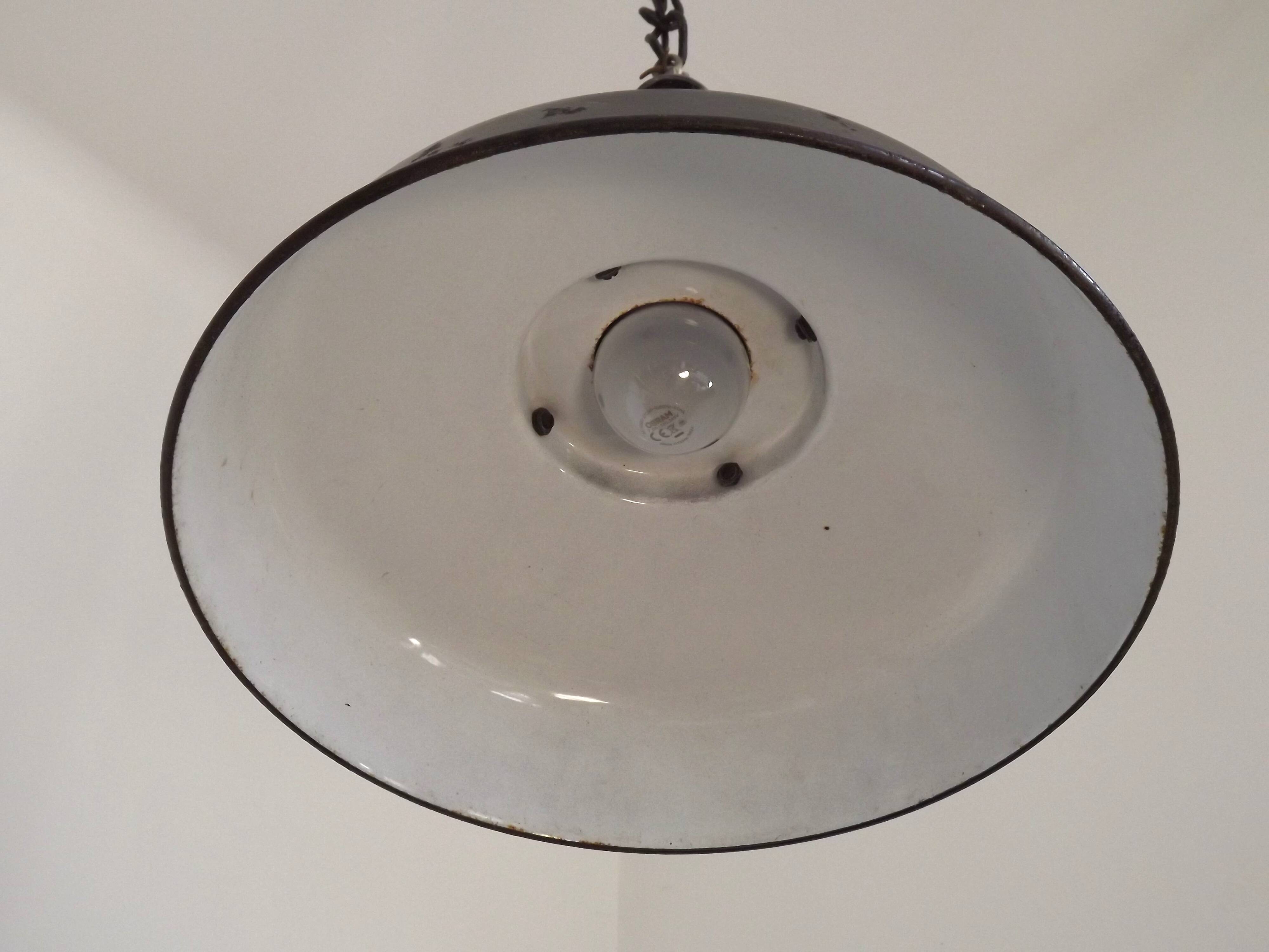 Enameled pendant workshop “reflecto-lux” hanging light, 1950s france