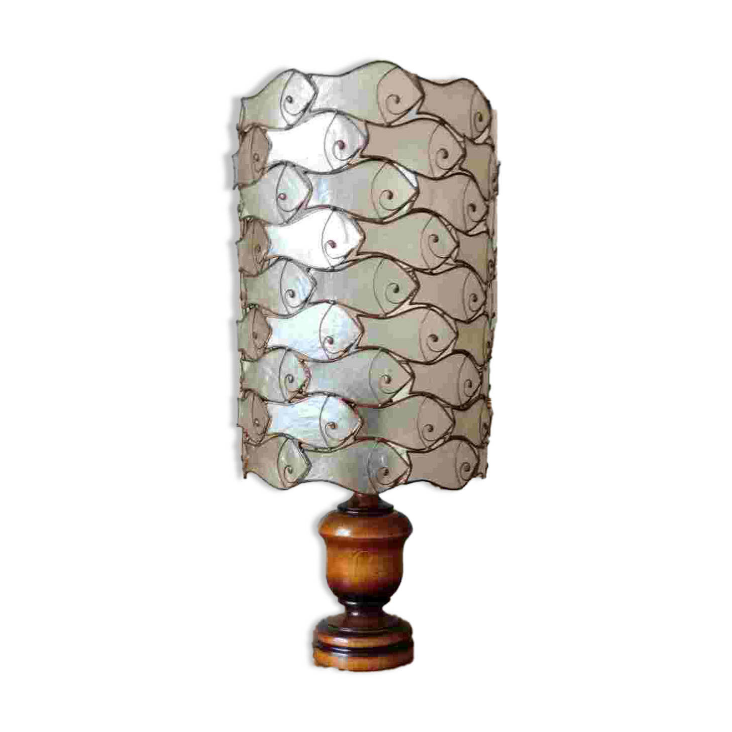 Table lamp with wooden base and mother-of-pearl fish and brass lampshade