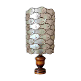 Table lamp with wooden base and mother-of-pearl fish and brass lampshade