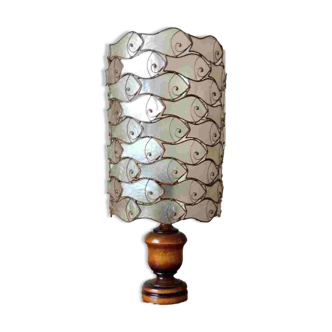 Table lamp with wooden base and mother-of-pearl fish and brass lampshade