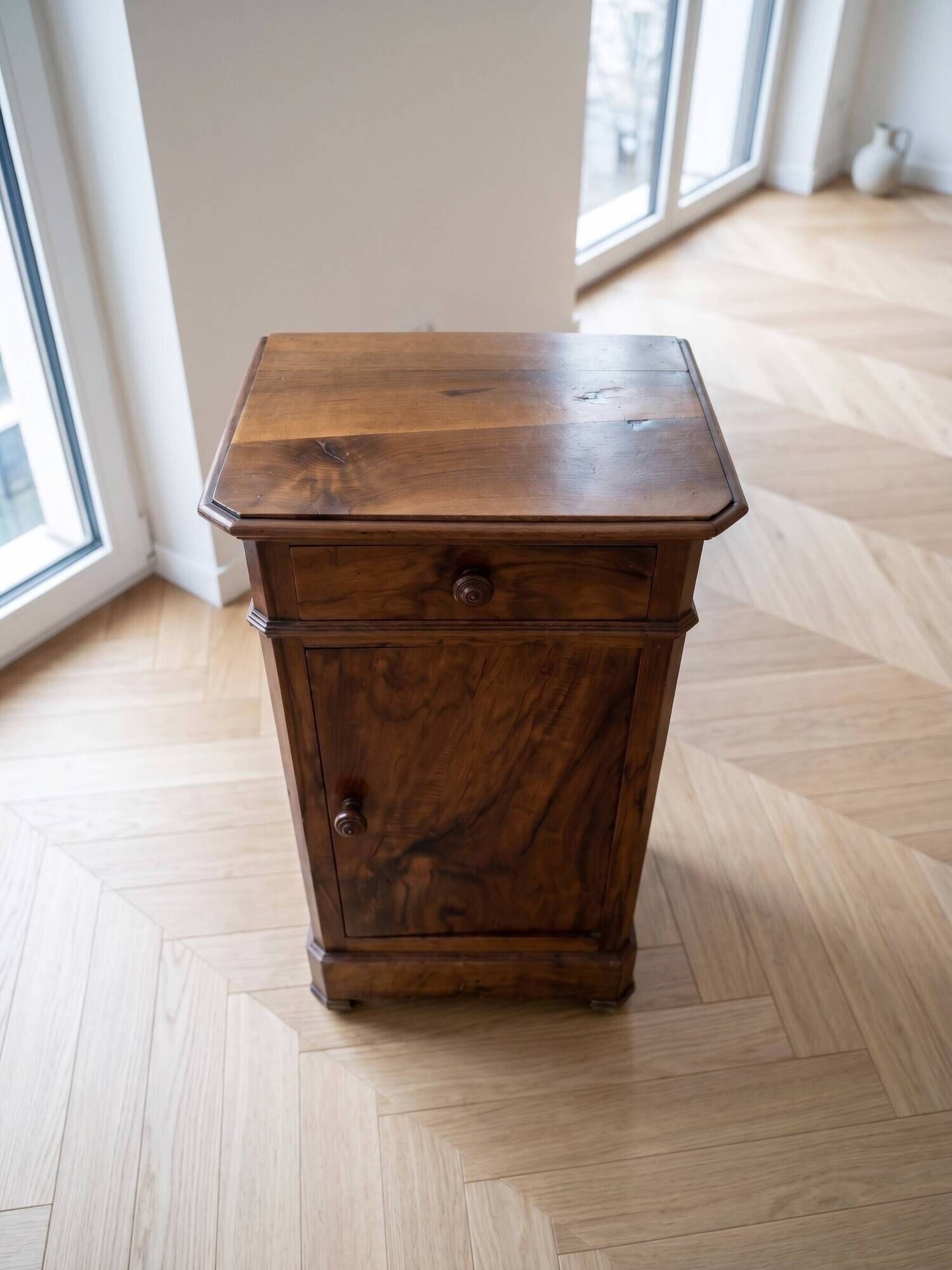 Antique bedside table in solid walnut