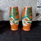 Ancien : paires de vase en verre pâte de verre orange peint