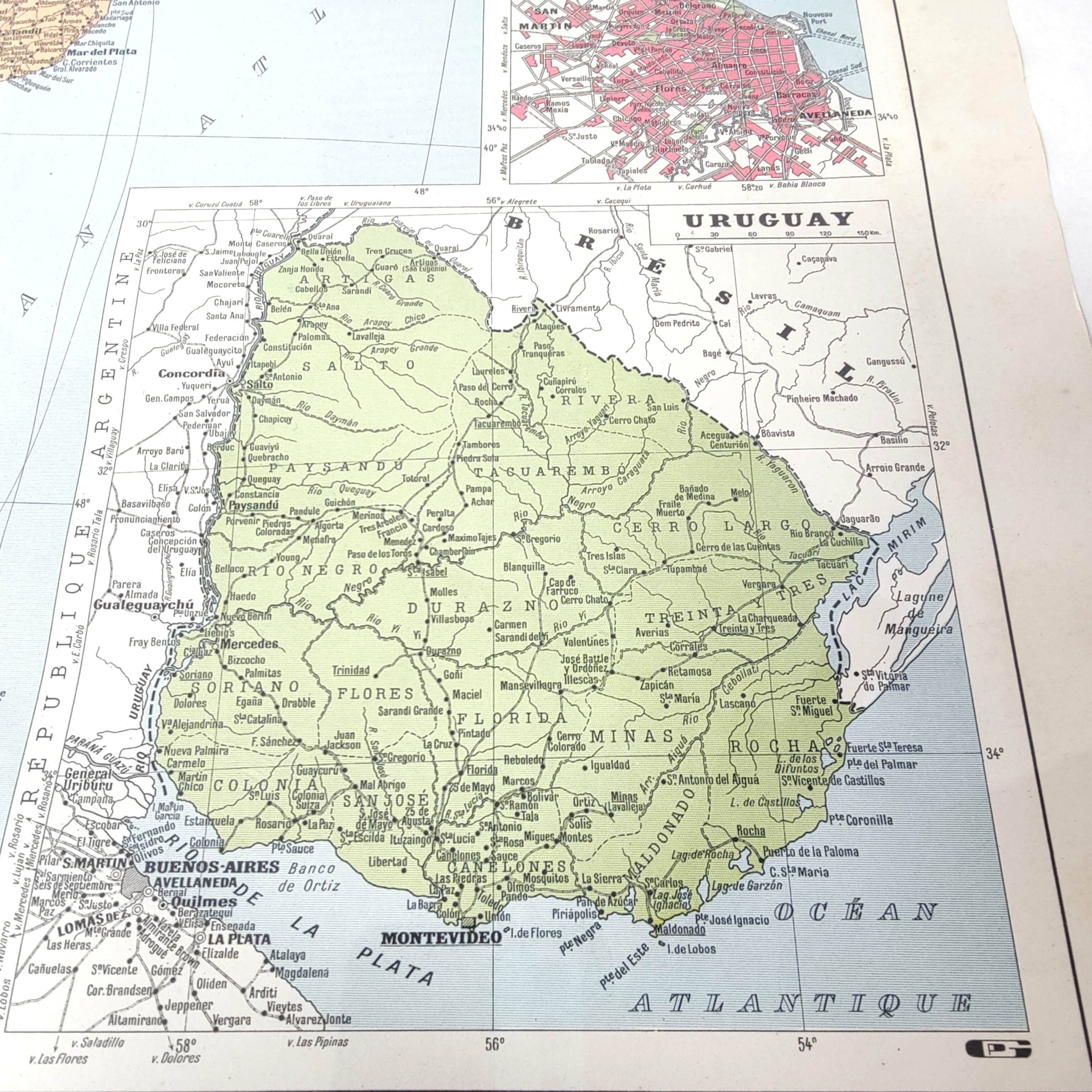 Old map of South America Argentina Chile Uruguay 43x43cm from 1950