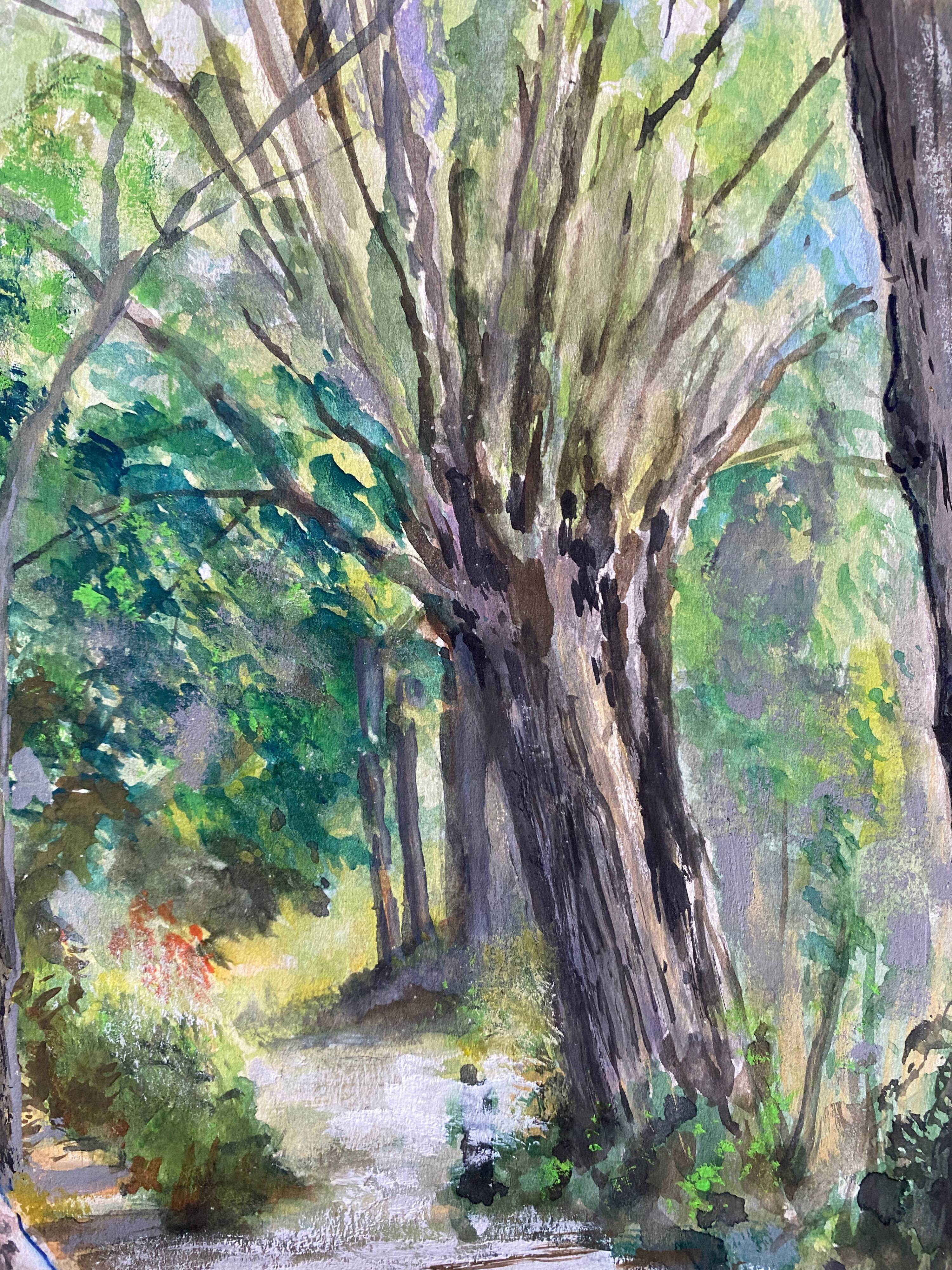 Tableau aquarelle "Sentier en forêt" école du XX° siècle