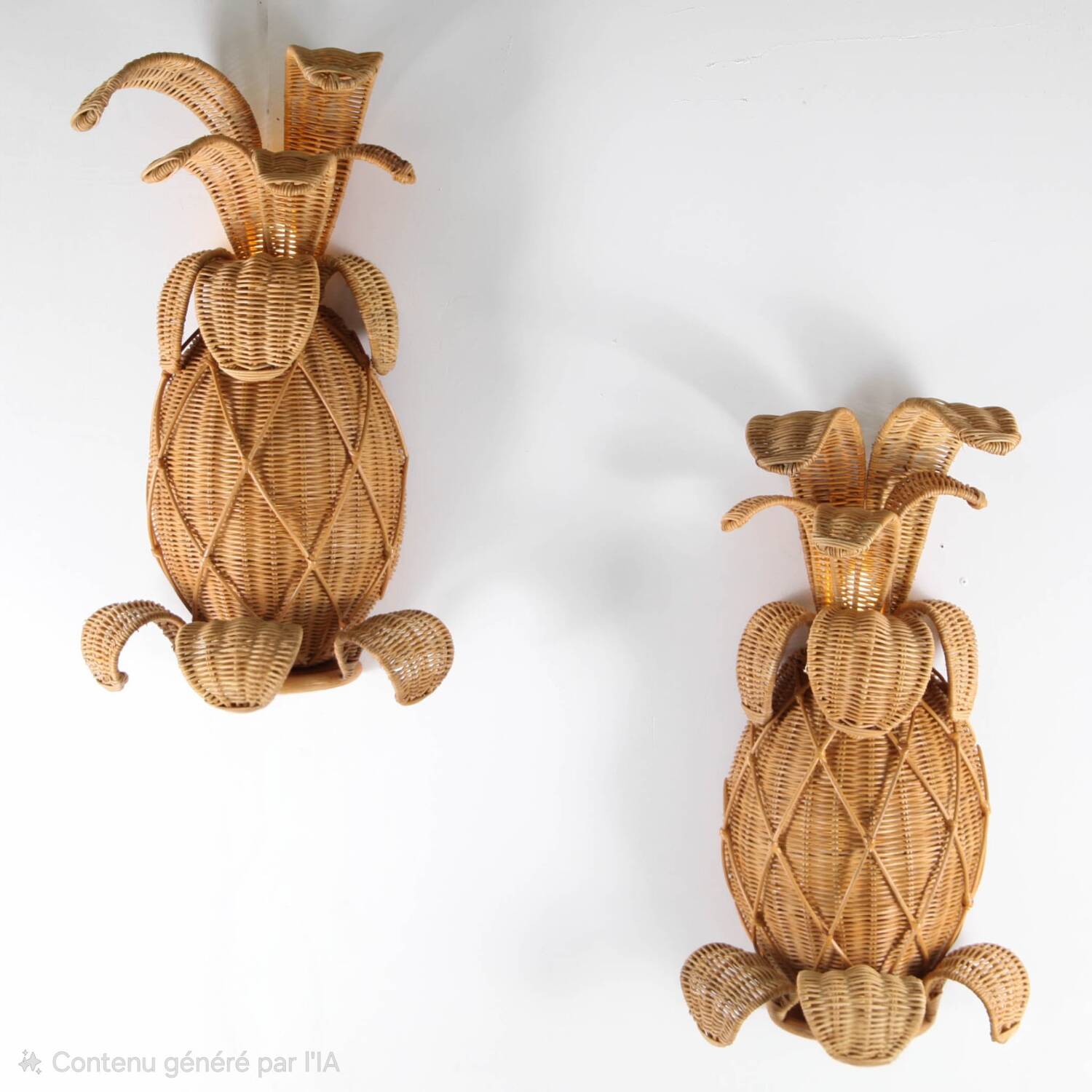 Pair of "pineapple" wall lights in rattan