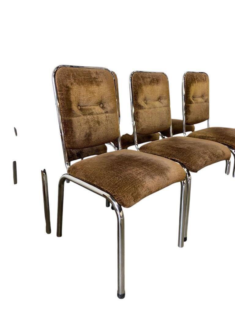 Set of 6 vintage chrome chairs with brown seats