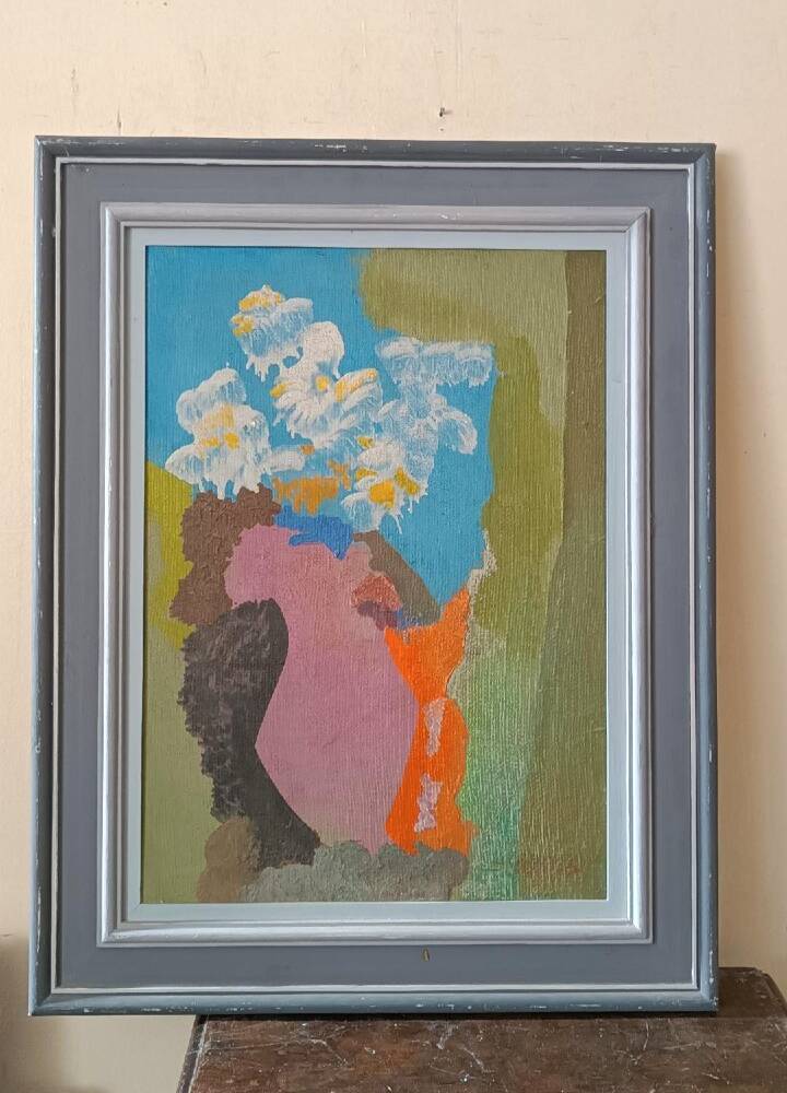Still life painting - vase with flowers - dated 1972 signed - oil on panel