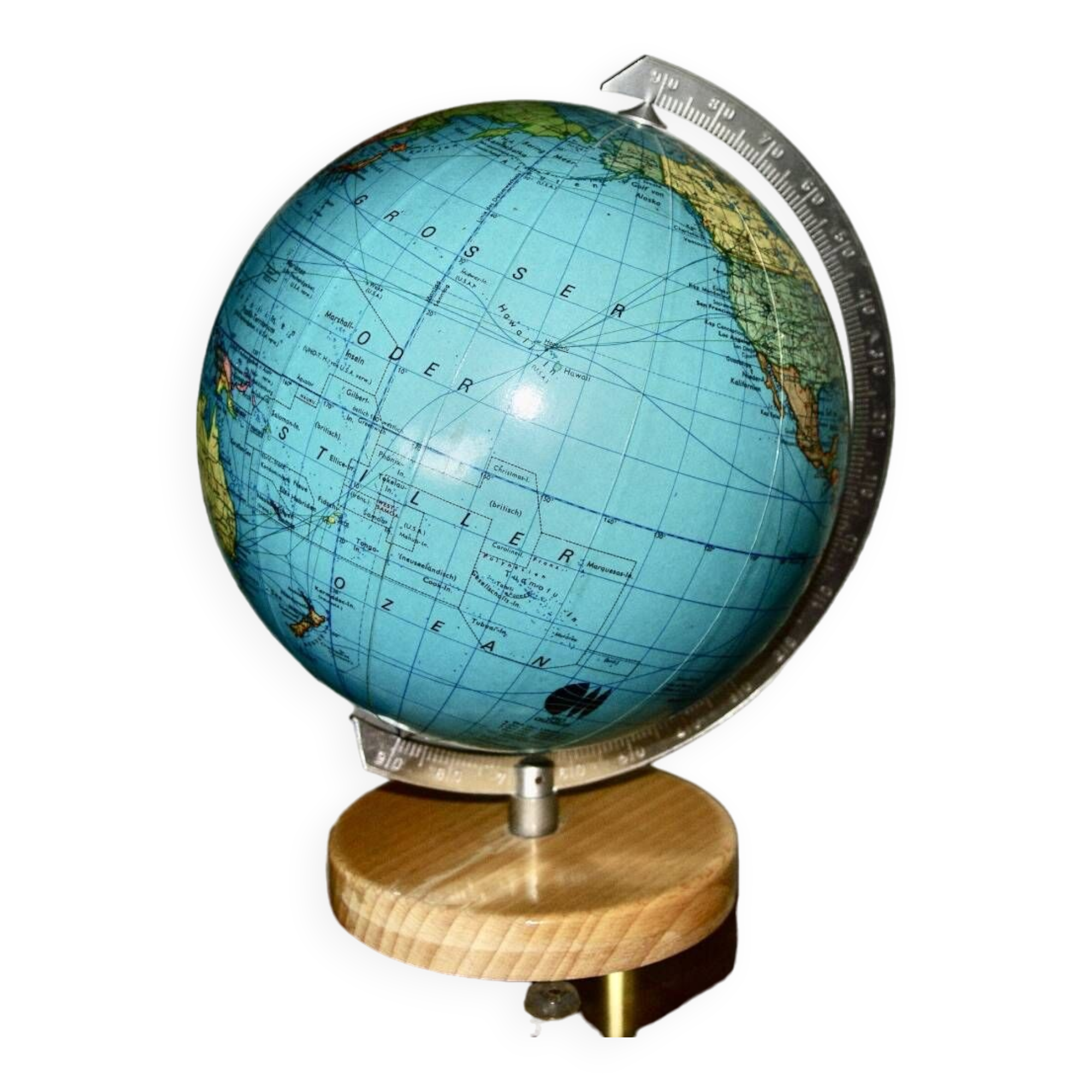 Vintage metal and wood terrestrial globe 1950