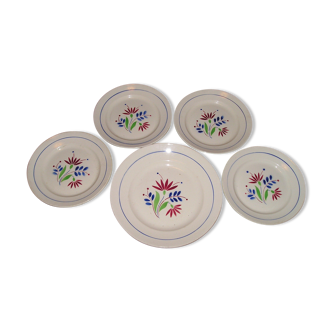 Set de 4 assiettes plates et plateau rond, faience Lunéville K&G modèle "Raphel"