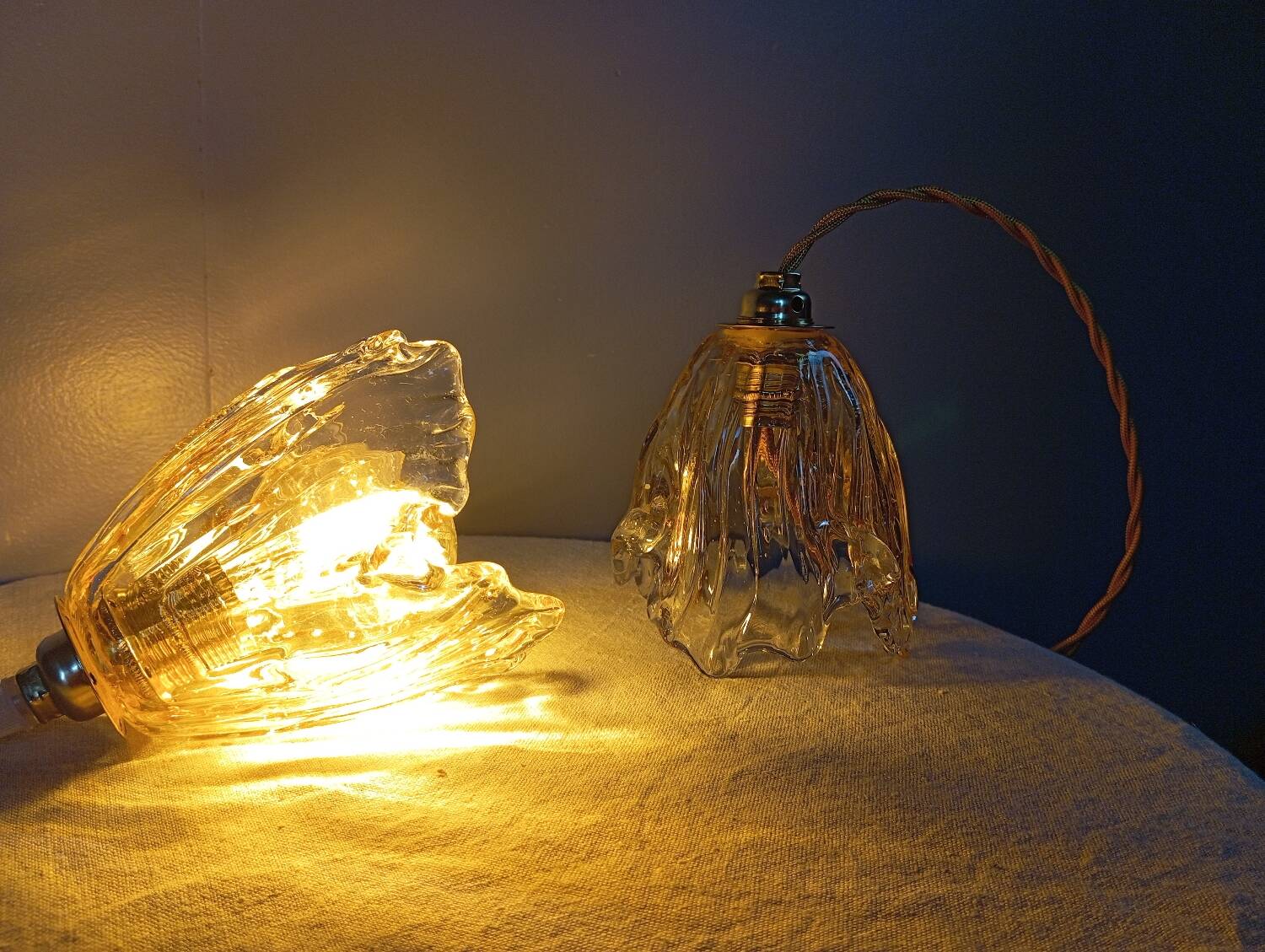 Pair of draped blown glass hanging lamps, ocher twisted wire