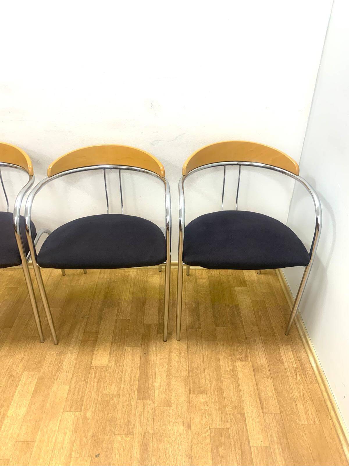 Set of 4 Chrome and Wood Chairs, Italy, 1980s