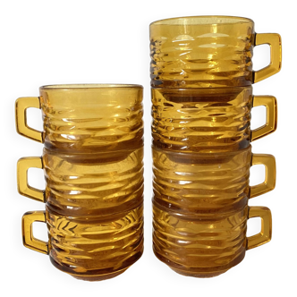 Tasses bistrot en verre ambré, années 70
