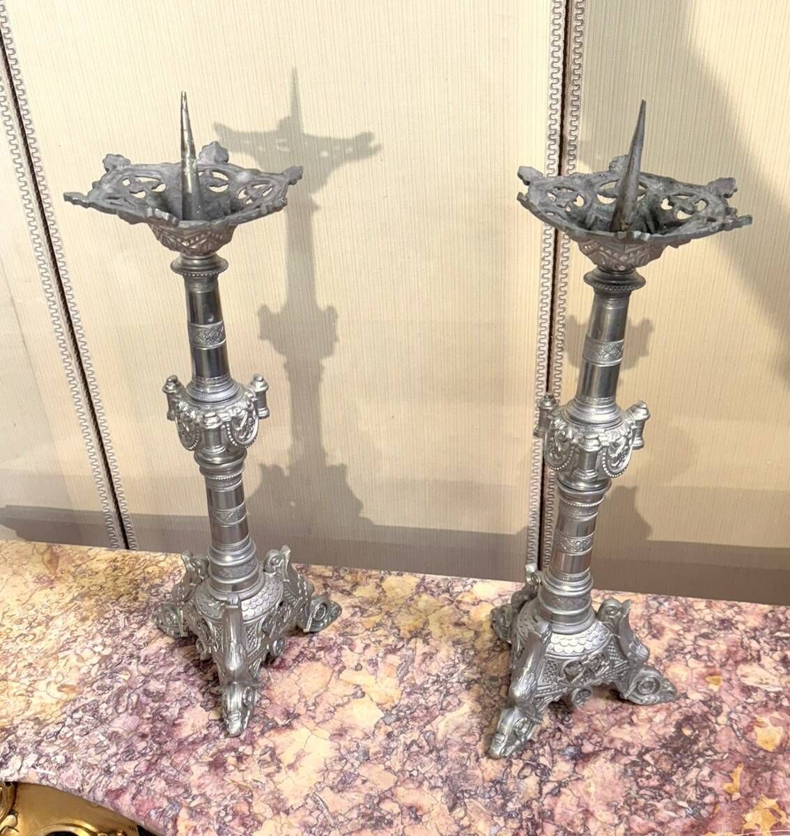 large pair of silvered bronze candlesticks from the 19th century