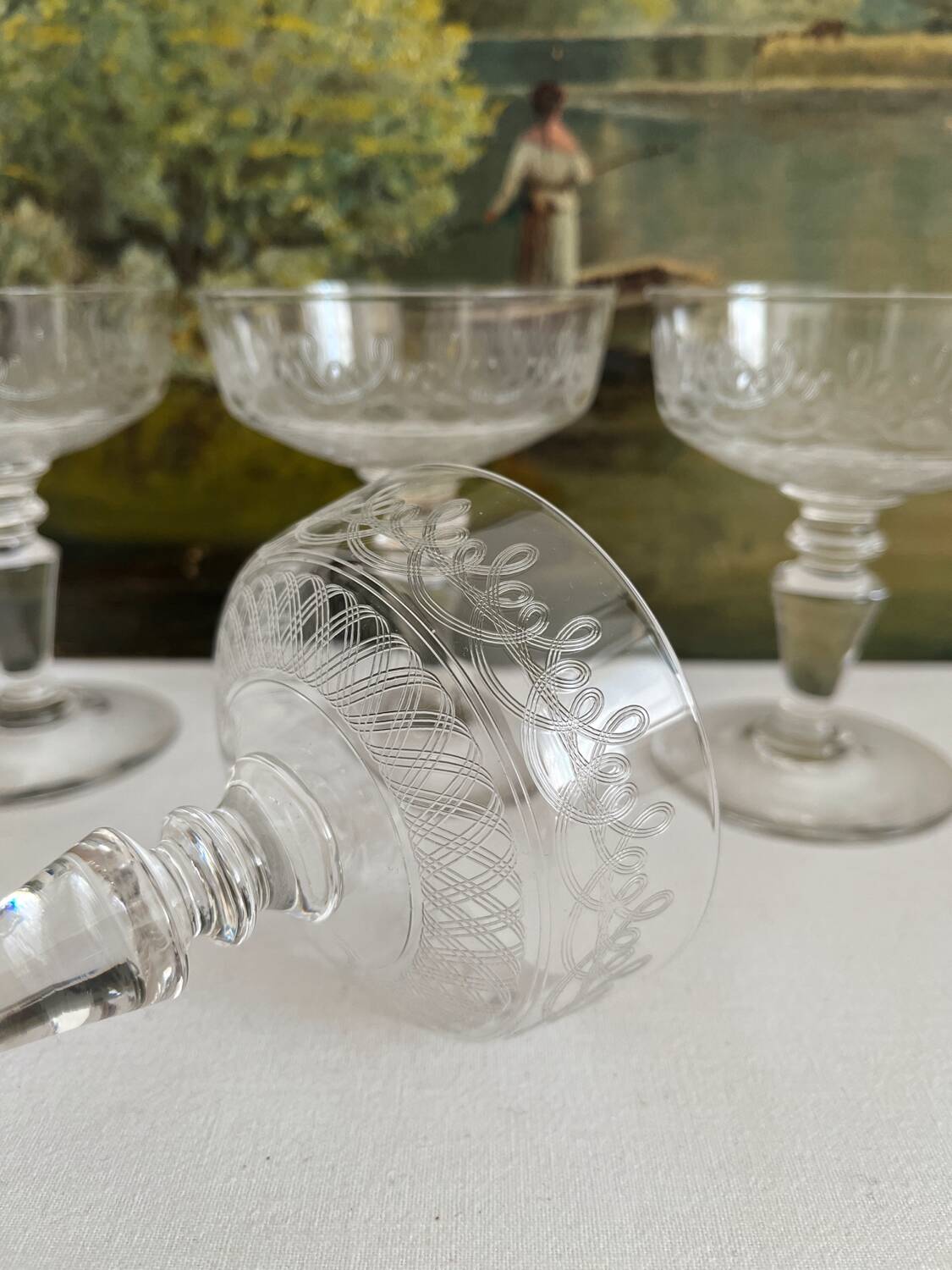 4 antique crystal champagne glasses with interlacing engraving