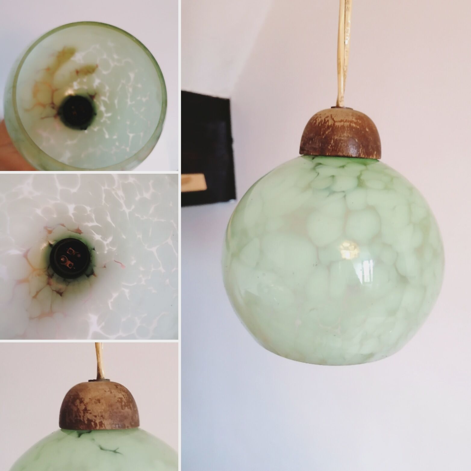 Clichy glass globe hanging lamp, speckled water green, art deco