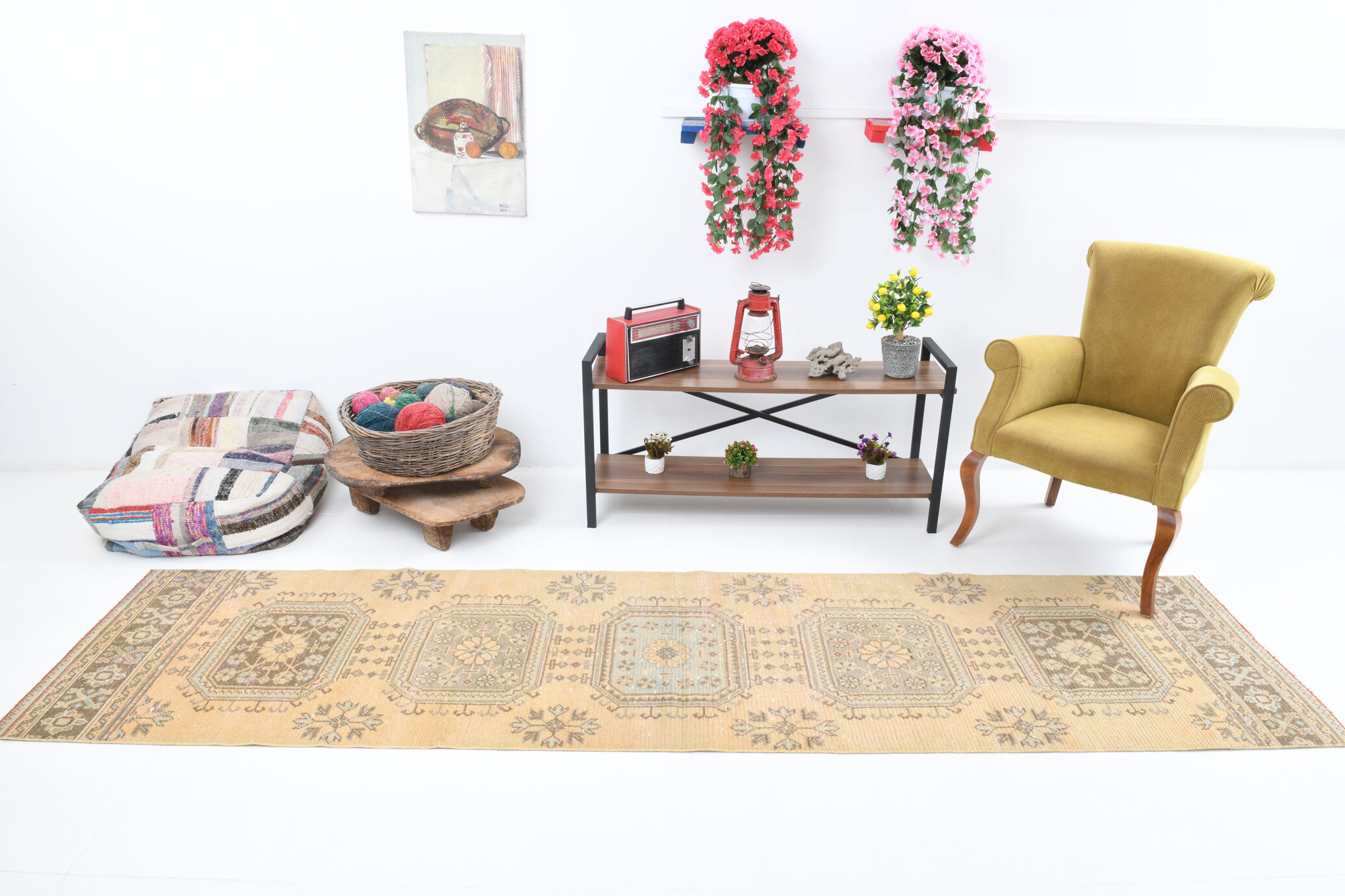 Shabby chic oushak runner rug 333x82cm