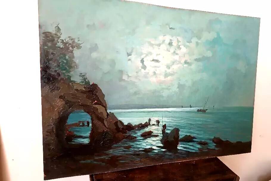 Oil painting on marine plywood from the 1930s g.piccinni (the beach of