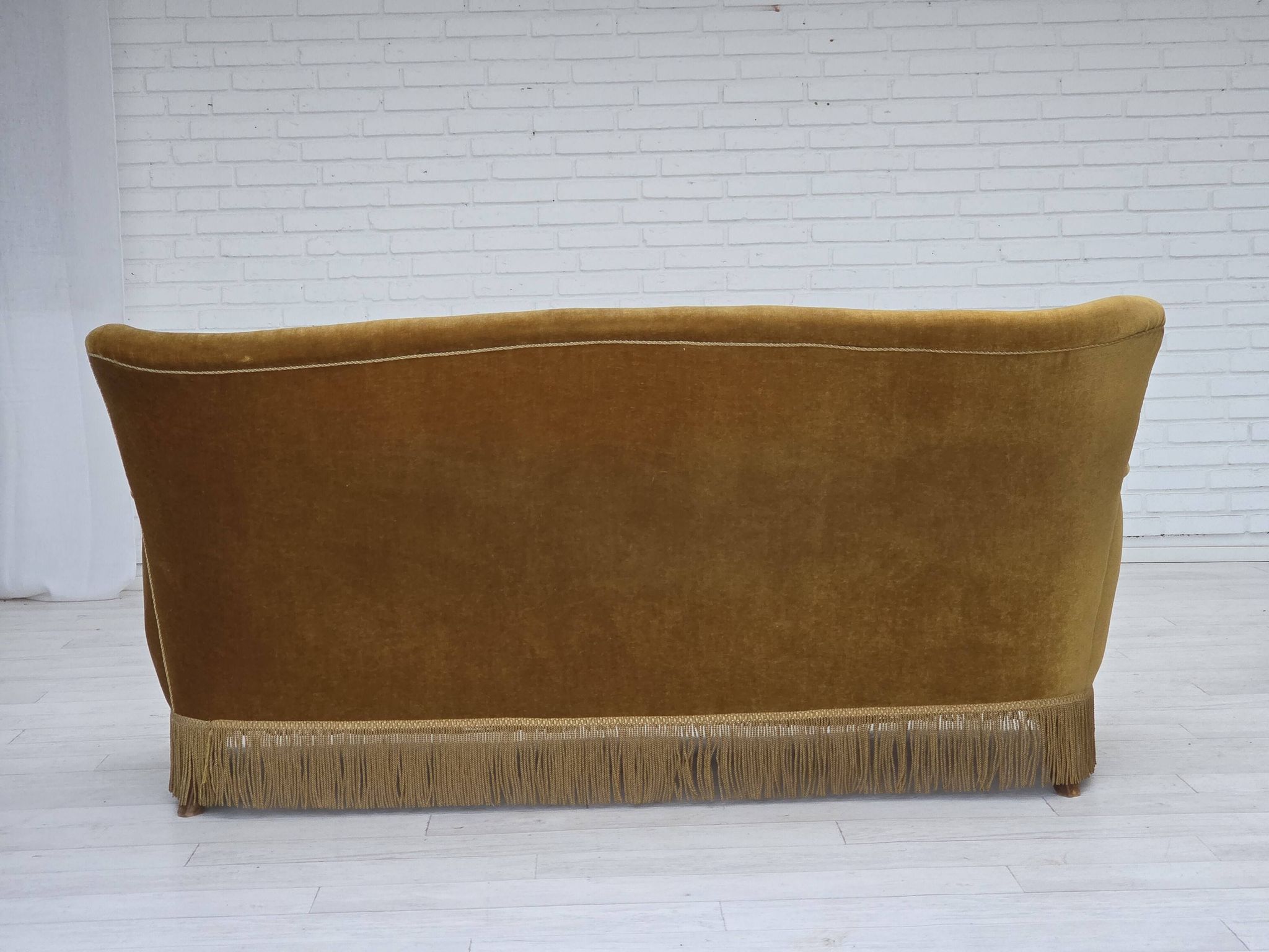 1960s, Danish 3-seater sofa, honey-yellow furniture velour, beech wood.
