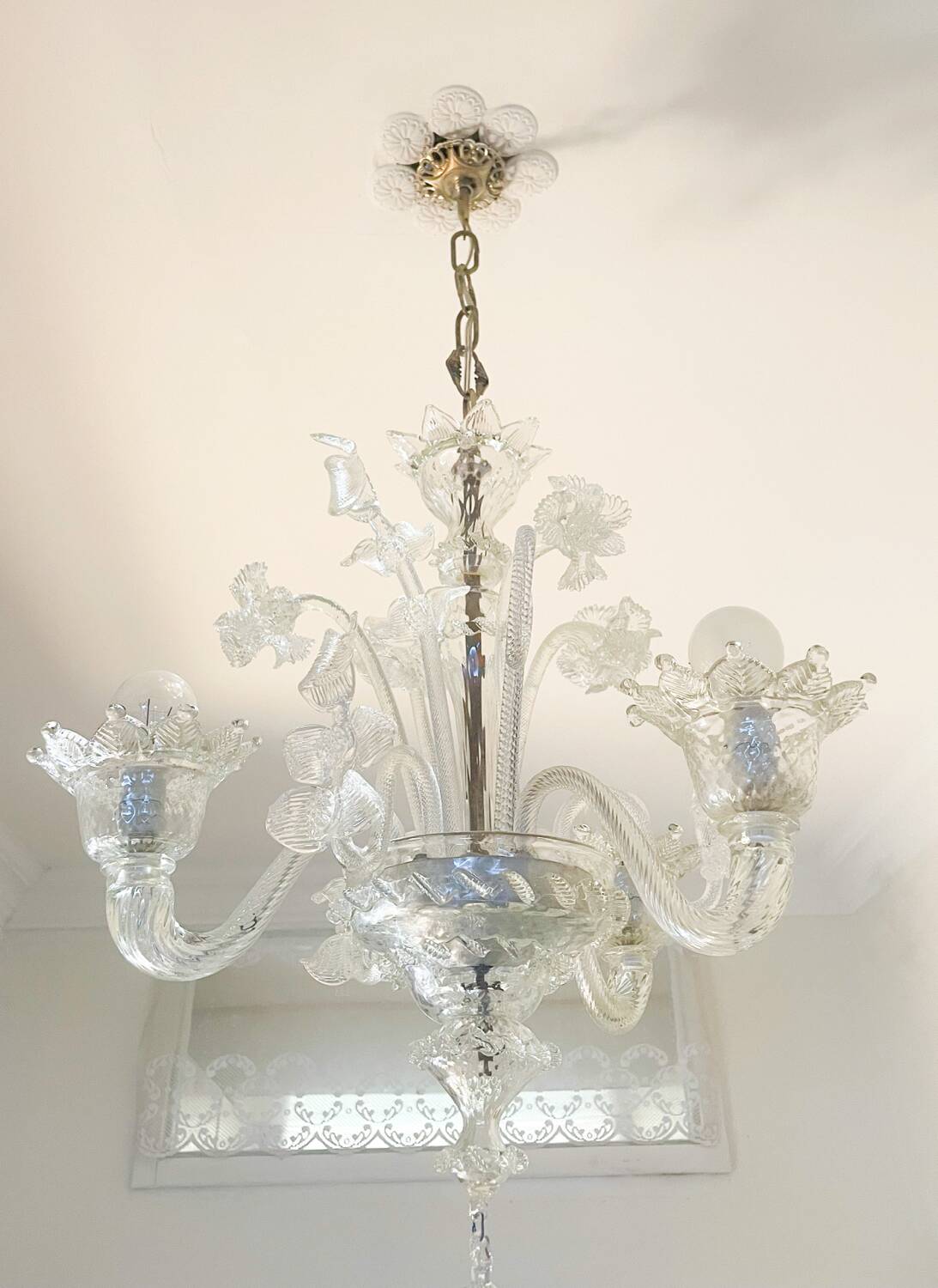 Lustre authentique en verre de Murano – 3 branches – Transparent
