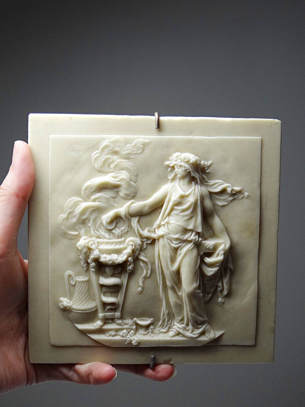 Small limestone bas-relief of petrifying fountains, antique scene, vintage