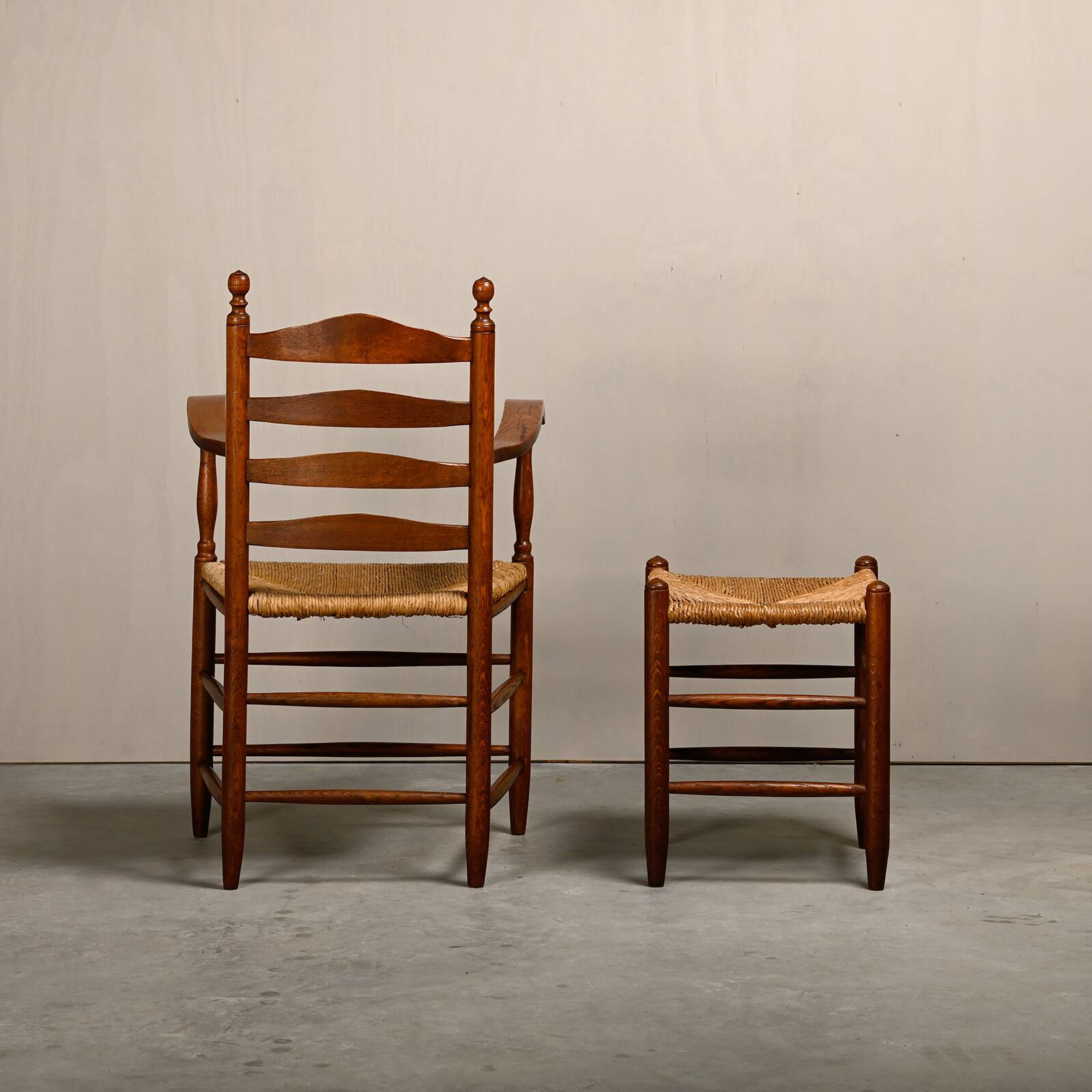 Rustic Armchair and Stool in stained oak and rush, France 1950s