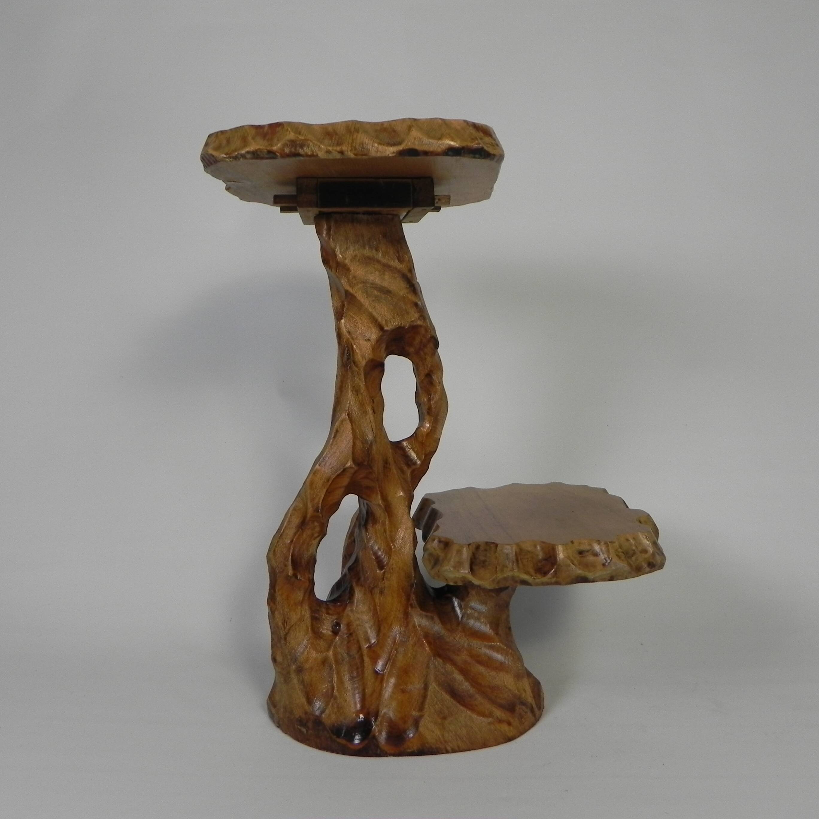 Plant table with 2 shelves, vintage wooden sculpture, USA 1950s