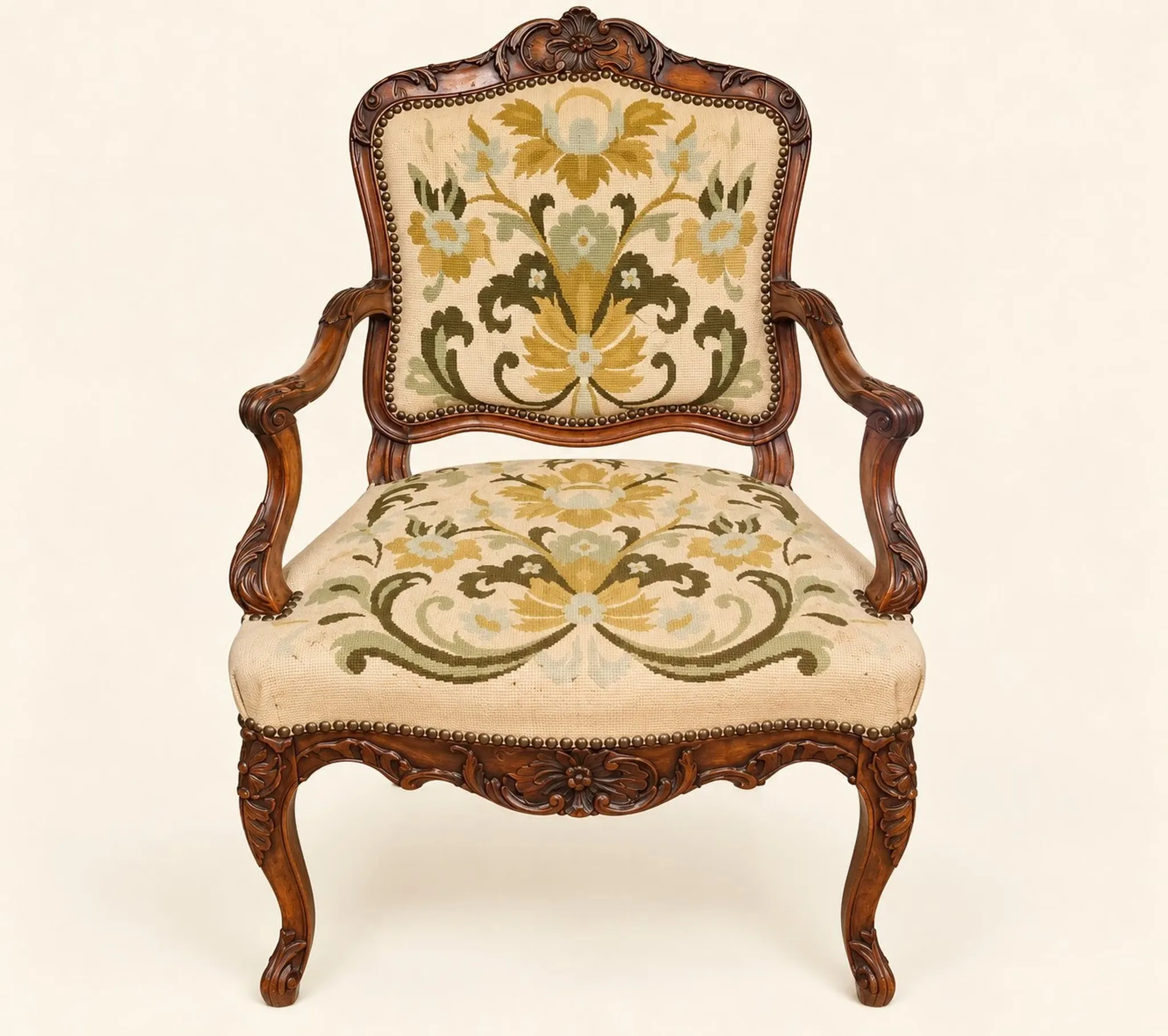 Louis XV cabriolet armchair, carved walnut, petit point tapestry, 18th century.