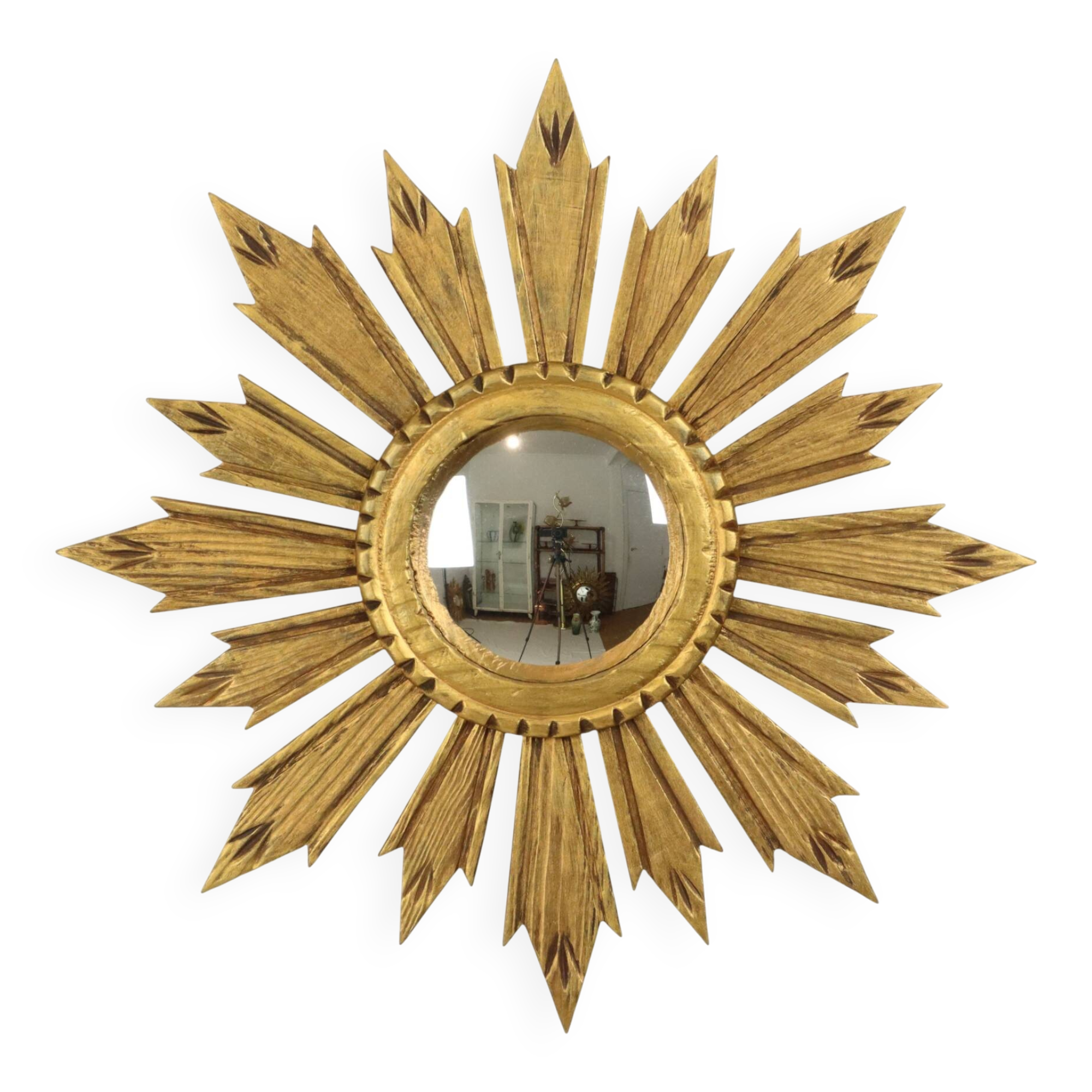 Vintage Wooden Sunburst Sun Mirror Convex France 51cm