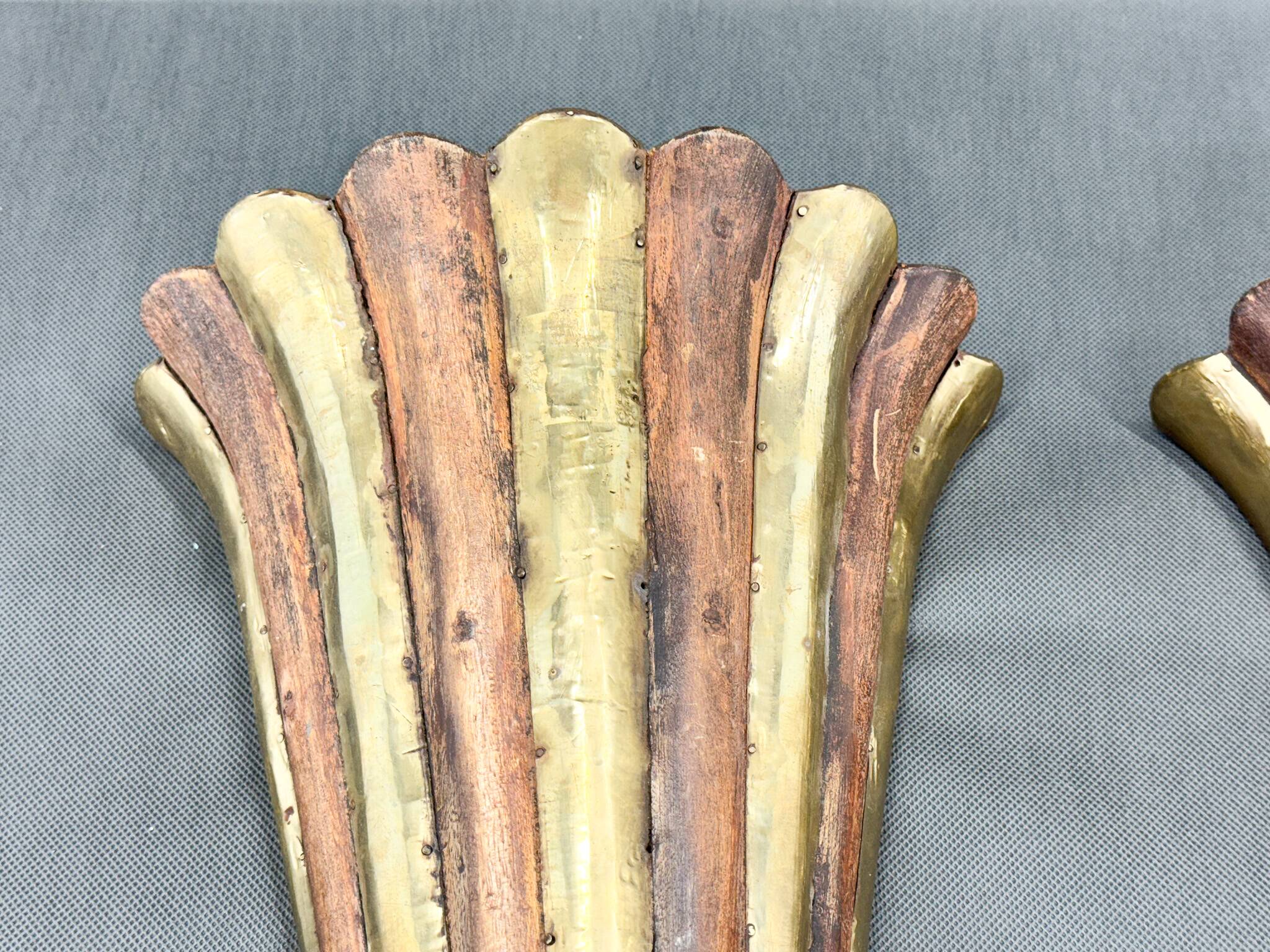 Antique Wood & Brass Wall Lights, France
