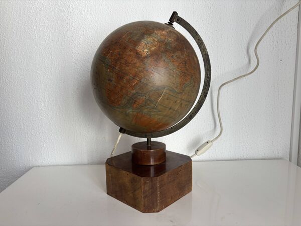 Globe vintage 1930 terrestre Jacques Adnet Mappemonde J.Forest verre bois -