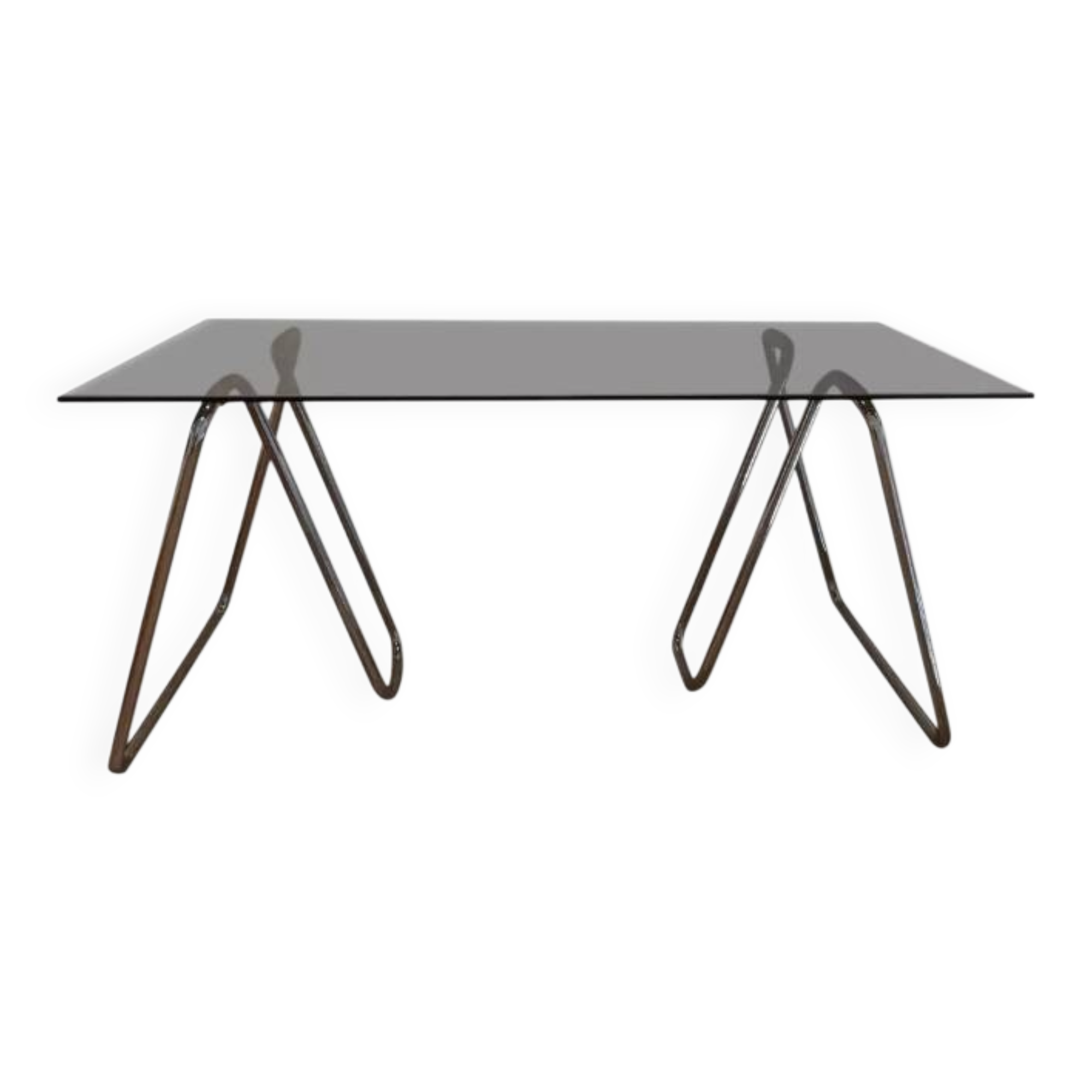 Smoked glass desk on tubular chrome trestles, 1970s design.