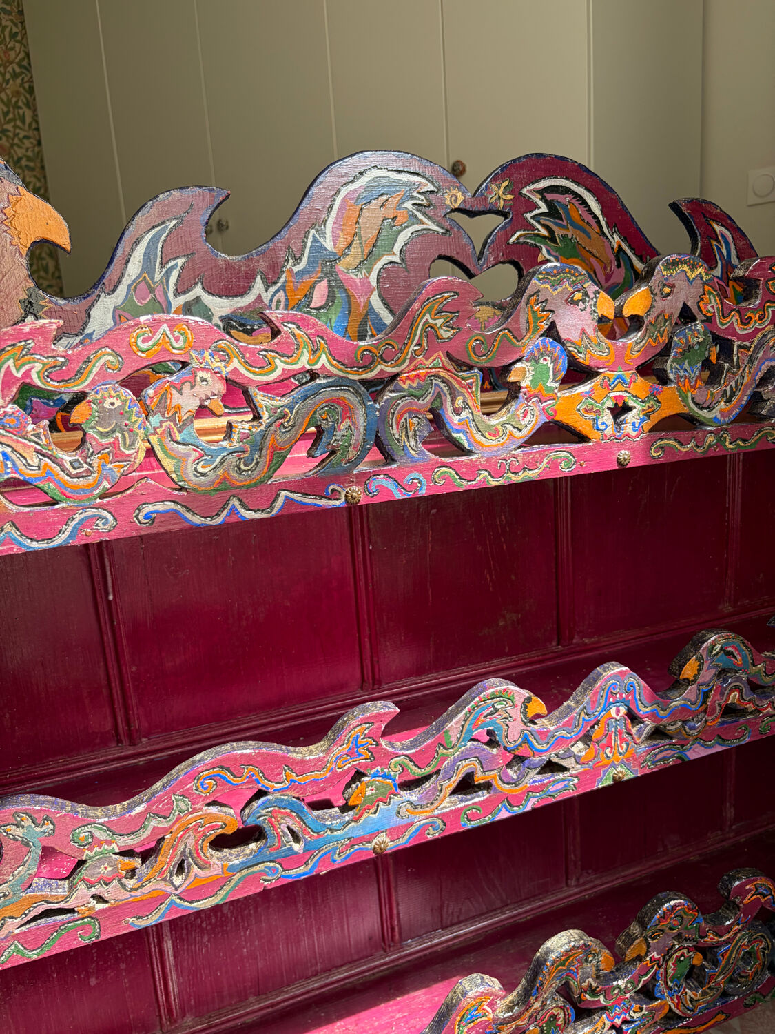 Folk painted wooden wall shelf