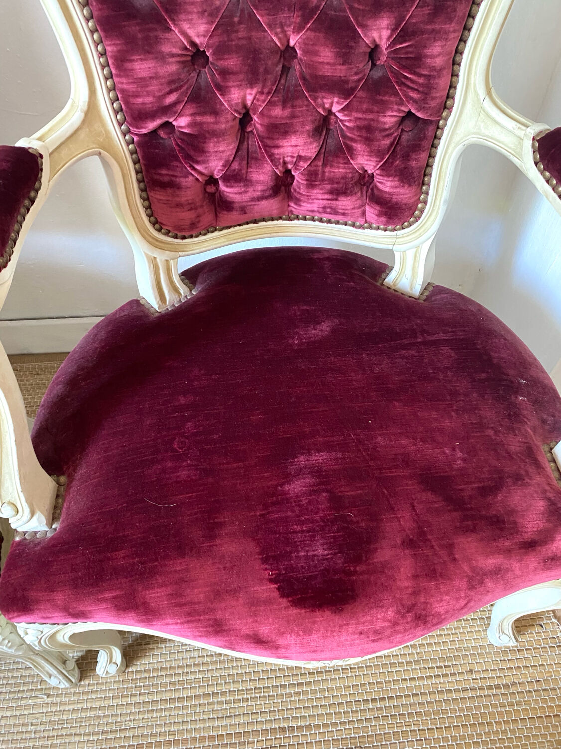 Pair of Louis XV style upholstered velvet armchairs