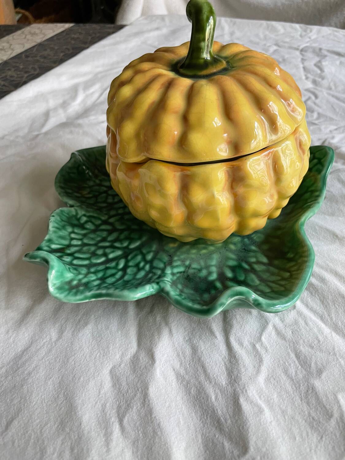 Antique majolica pumpkin jam jar