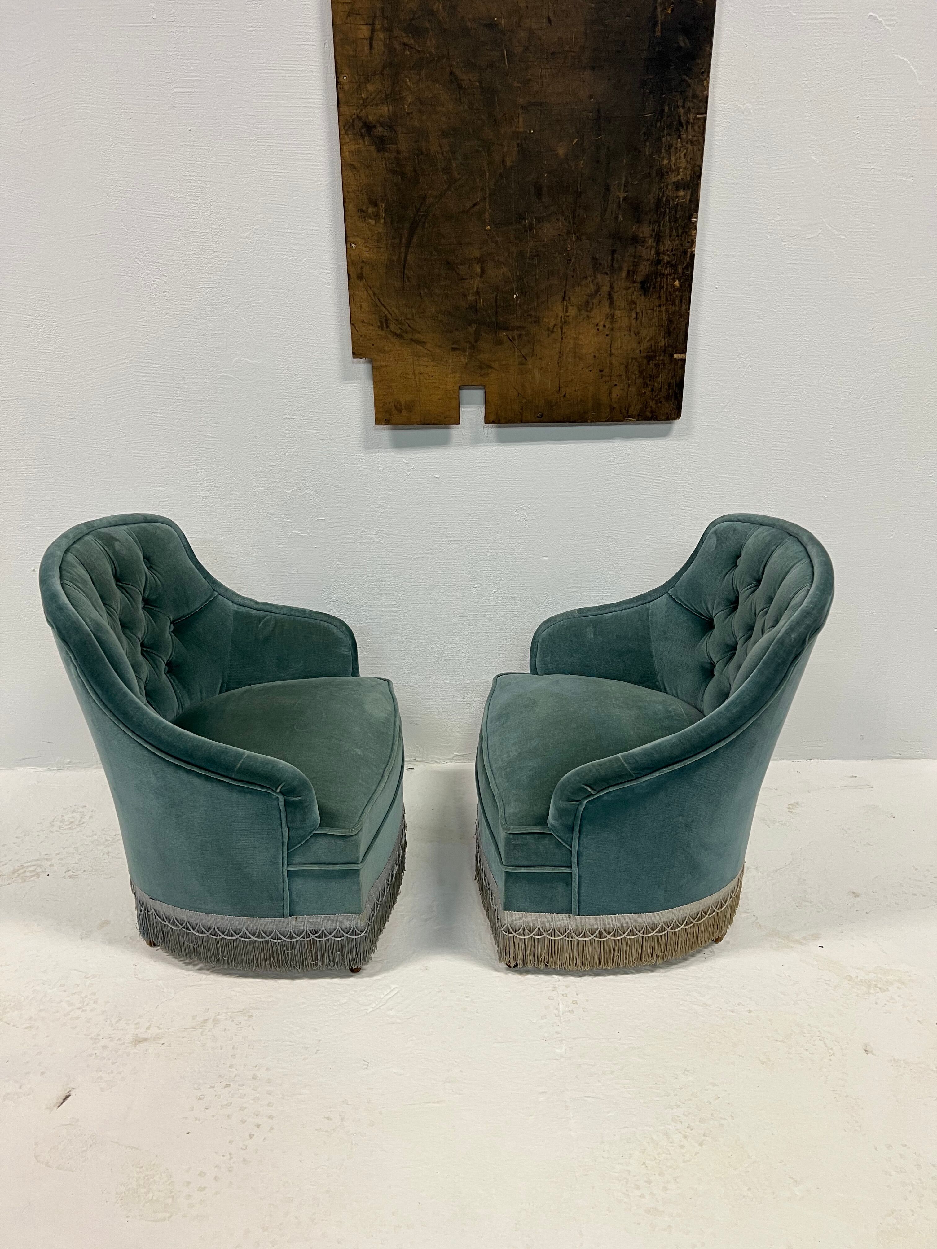 Duo of upholstered blue toad armchairs