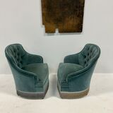 Duo of upholstered blue toad armchairs