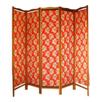 5-leaf screen in wood & floral fabric 1960