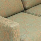 Pierre Frey modernist bench in green and gold patterned fabric