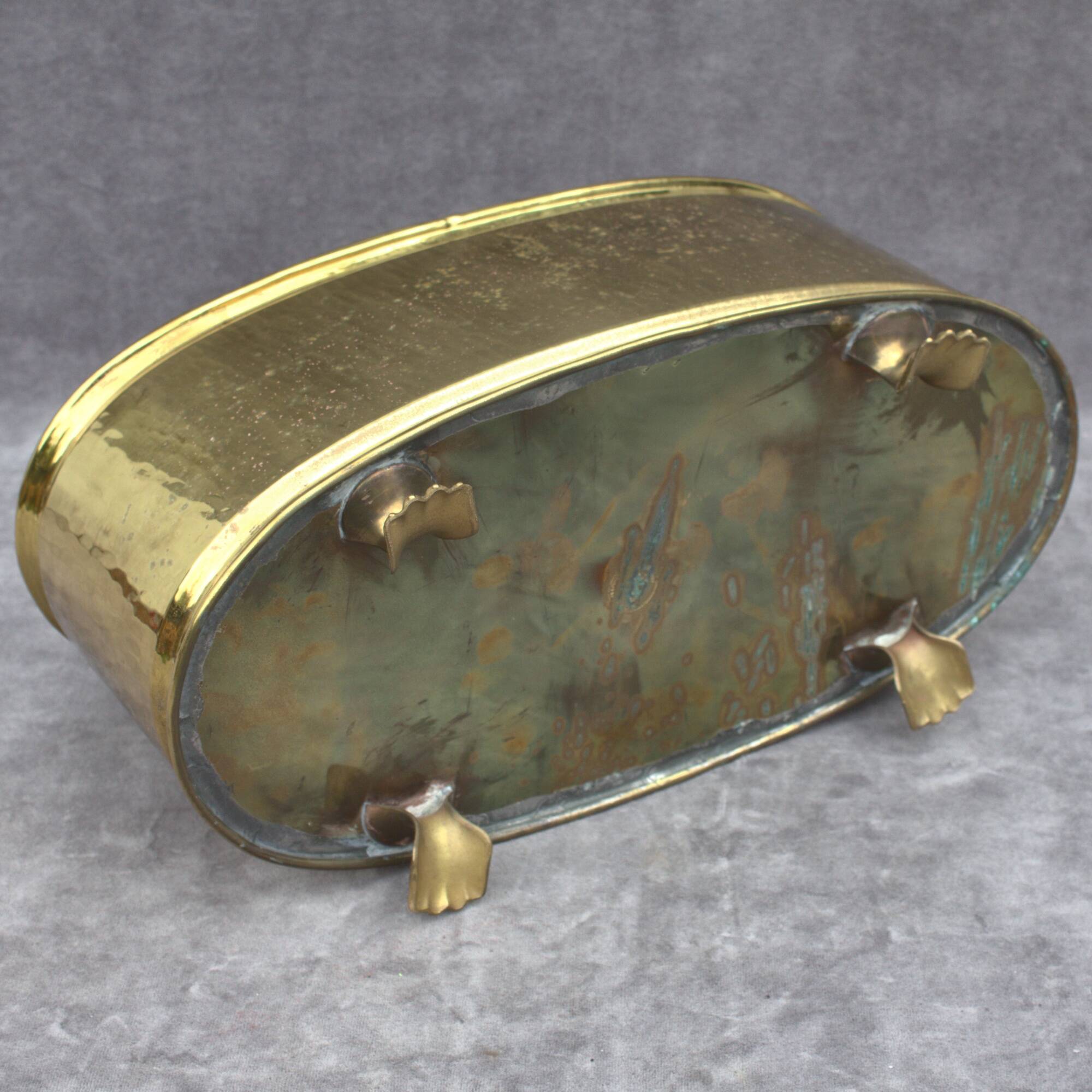 Rectangular brass flowerpot with lion feet made in Belgium