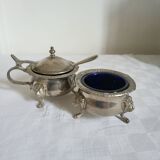 Ancien Saleron et Moutardier en Métal Argenté et Verre Bleu